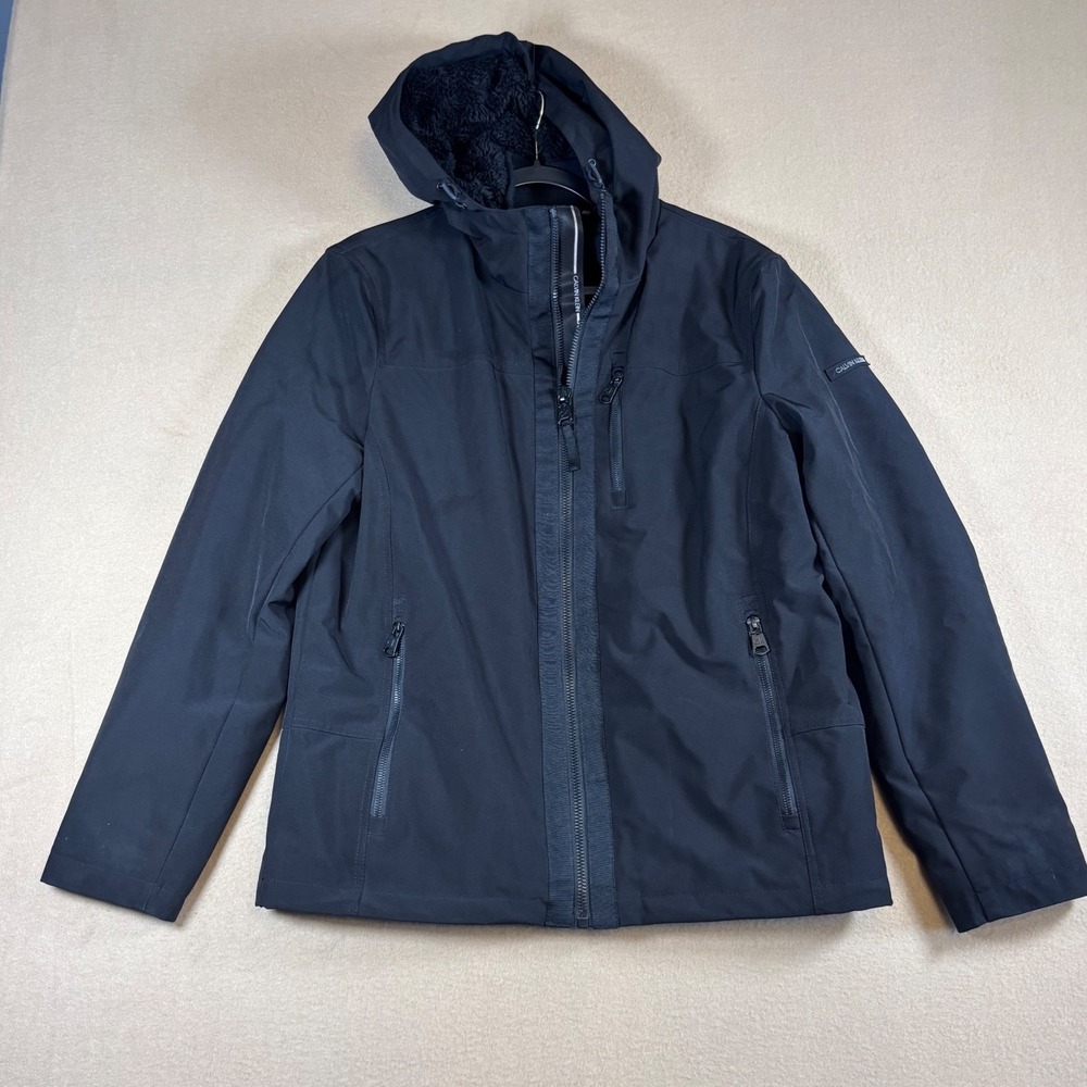Calvin Klein Mens Black Softshell Hooded Jacket Faux Shearling Lined CM005561 M